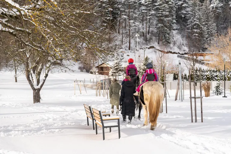Deti a dospelí jazdia na koňoch zasneženou krajinou vo Villa Betula Resort.