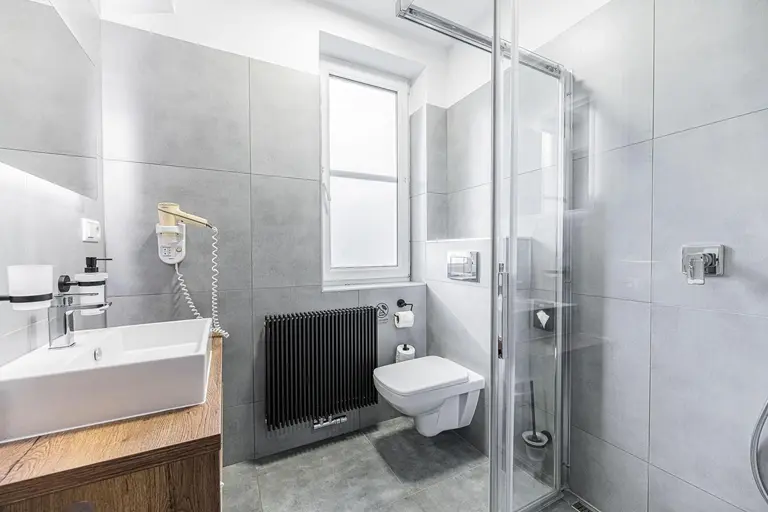 Moderná kúpeľňa so sprchou, umývadlom a toaletou vo Villa Betula Resort.