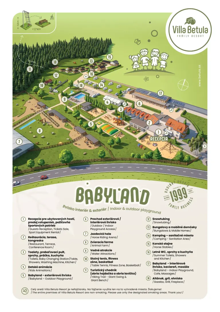 Mapa rezortu Villa Betula 2026 s ubytovaním, Babylandom a kempom